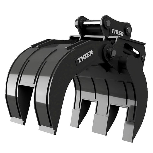 Black excavator bucket with 'Tiger' branding on a white background